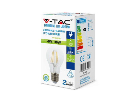 SKU 4364 VT-1885D V-TAC Lampadina LED E27 4W A60 Filamento 2700K Dimmerabile