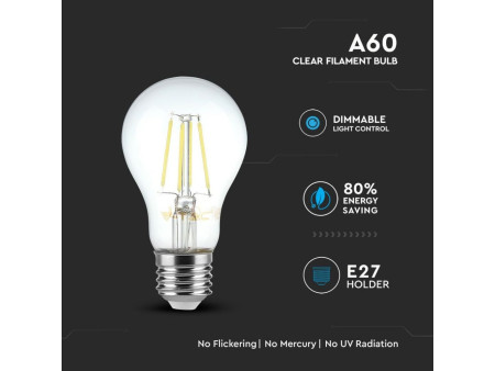 SKU 4364 VT-1885D V-TAC Lampadina LED E27 4W A60 Filamento 2700K Dimmerabile