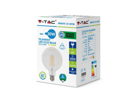 SKU 4399 VT-1994D V-TAC Lampadina LED E27 4W G125 Filamento 2700K Dimmerabile