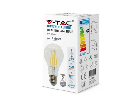 SKU 4409 VT-1978 V-TAC Lampadina LED E27 8W A67 Filamento 6000K