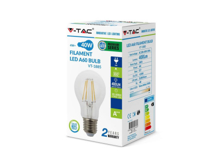SKU 7119 VT-1885 V-TAC Lampadina LED E27 4W 100LM/W A60 Filamento 4000K