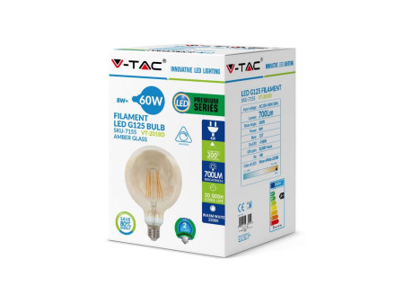SKU 7155 VT-2018D V-TAC Lampadina LED E27 8W 100LM/W G125 Filamento Ambrato 2200K Dimmerabile