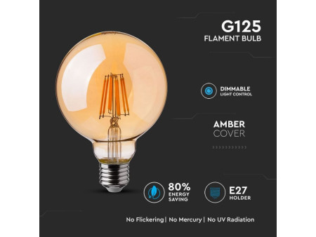 SKU 7155 VT-2018D V-TAC Lampadina LED E27 8W 100LM/W G125 Filamento Ambrato 2200K Dimmerabile
