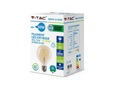 SKU 7156 VT-2026D V-TAC Lampadina LED E27 6W G95 Filamento Ambrato 2200K Dimmerabile