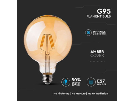 SKU 7156 VT-2026D V-TAC Lampadina LED E27 6W G95 Filamento Ambrato 2200K Dimmerabile