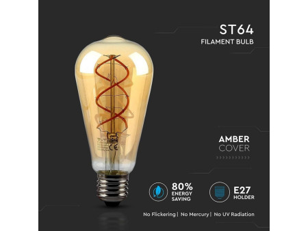 SKU 7218 VT-2065 V-TAC Lampadina LED E27 5W ST64 Filamento Ambrato 2200K