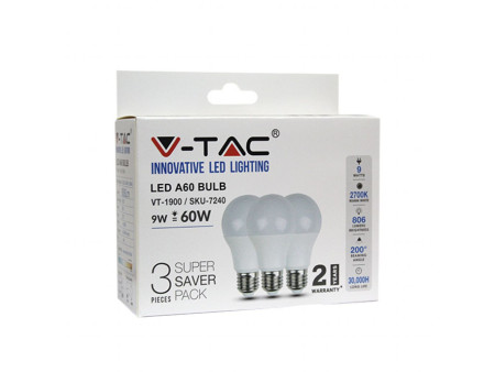 SKU 7241 VT-1900 V-TAC Lampadina LED E27 9W A60 4000K (Box 3 pezzi)
