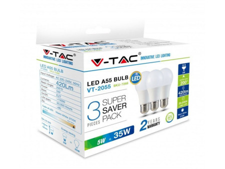 SKU 7266 VT-2055 V-TAC Lampadina LED E27 5W A55 2700K (Box 3 pezzi)