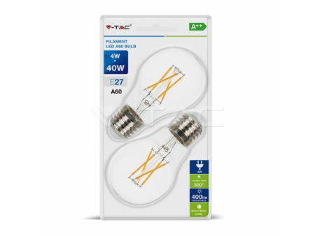 SKU 7283 VT-2114-B V-TAC Lampadina LED E27 4W 100LM/W A60 Filamento 2700K (Blister 2 Pezzi)