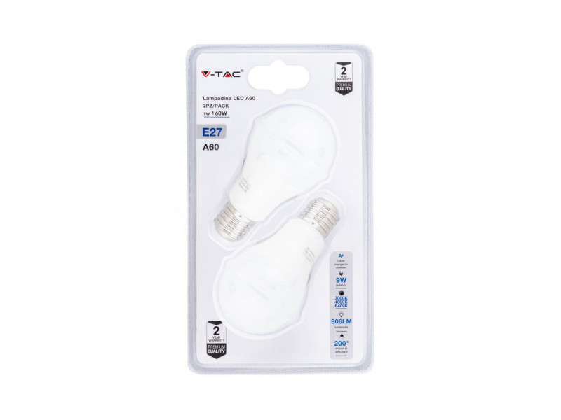 SKU 7309 VT-2149-B V-TAC Lampadina LED E27 9W A60 3 in 1 (3000K+4000K+6400K) (Blister 2 Pezzi)