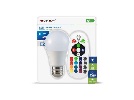 SKU 7326 VT-2022 V-TAC Lampadina LED E27 6W A60 RGB+W con Telecomando 6400K (Blister 1 pezzo)