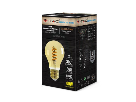 SKU 7335 VT-2154 V-TAC Lampadina LED E27 4W 100LM/W A60 Filamento a Spirale Ambrato 2200K