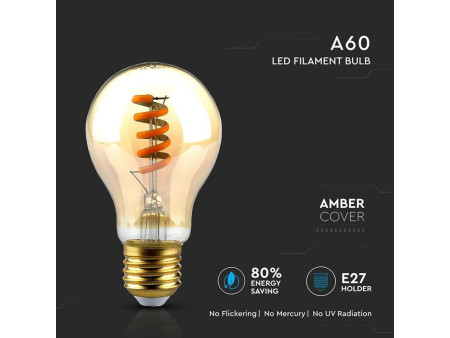 SKU 7335 VT-2154 V-TAC Lampadina LED E27 4W 100LM/W A60 Filamento a Spirale Ambrato 2200K