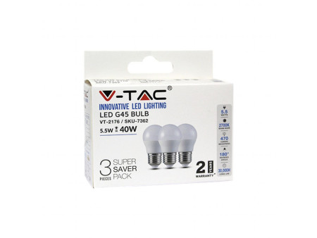 SKU 7363 VT-2176 V-TAC Lampadina LED E27 5,5W G45 4000K (Box 3 pezzi)