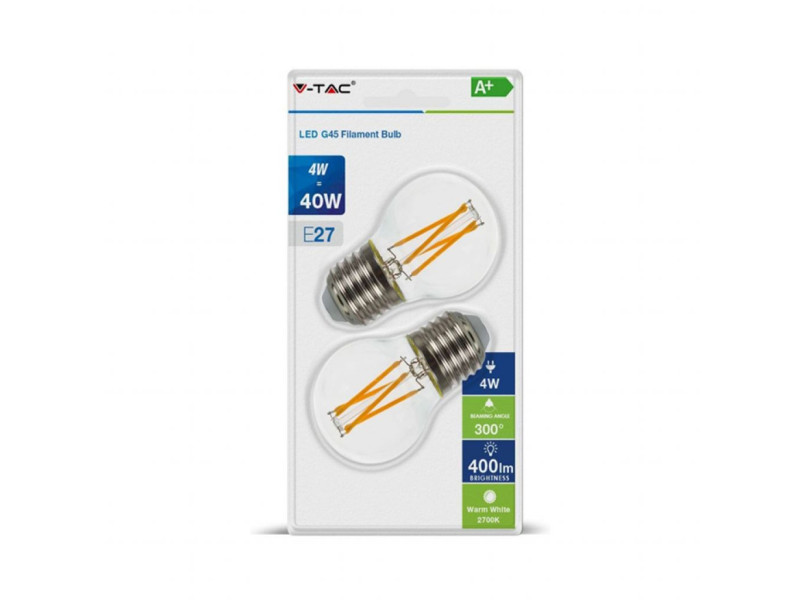 SKU 7367 VT-2194-B V-TAC Lampadina LED E27 4W 100LM/W G45 Filamento 2700K (Blister 2 pezzi)