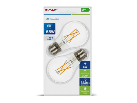 SKU 7368 VT-2186-B V-TAC Lampadina LED E27 6W 110LM/W A60 Filamento 2700K (Blister 2 Pezzi)