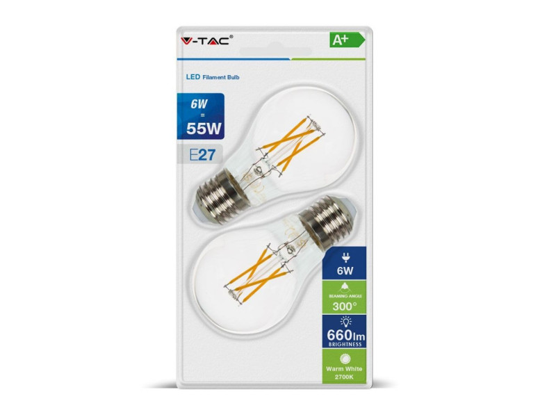 SKU 7368 VT-2186-B V-TAC Lampadina LED E27 6W 110LM/W A60 Filamento 2700K (Blister 2 Pezzi)