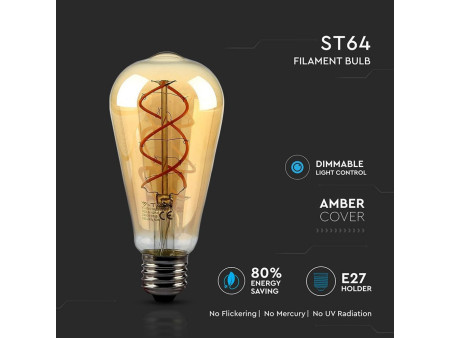 SKU 7416 VT-2065D V-TAC Lampadina LED E27 5W ST64 Filamento Ambrato 2200K