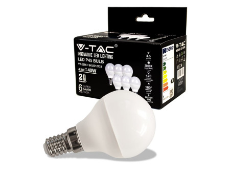 SKU 212733 VT-2266 V-TAC Lampadina LED E14 4,5W P45 3000K (Box 6 pezzi)
