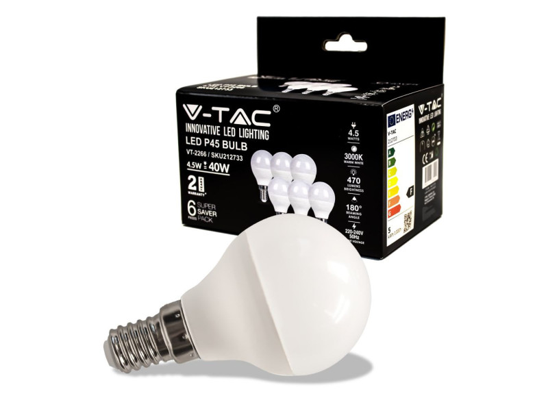SKU 212733 VT-2266 V-TAC Lampadina LED E14 4,5W P45 3000K (Box 6 pezzi)
