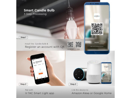 SKU 212754 VT-5114-N V-TAC Lampadina LED E14 4,5W a Candela per Google Home e Alexa con App V-Tac Smart RGB e 3 in 1 Dimmerabile