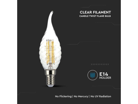SKU 214432 VT-1995 V-TAC Lampadina LED E14 4W 100LM/W Candela a Fiamma Tortiglione Filamento 6500K