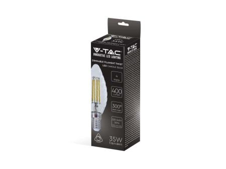 SKU 214367 VT-1985D V-TAC Lampadina LED E14 4W 100LM/W Candela Tortiglione Filamento 3000K Dimmerabile
