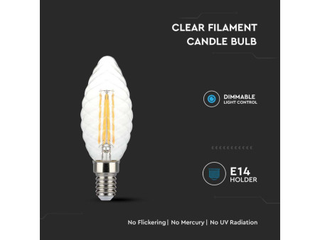 SKU 214367 VT-1985D V-TAC Lampadina LED E14 4W 100LM/W Candela Tortiglione Filamento 3000K Dimmerabile