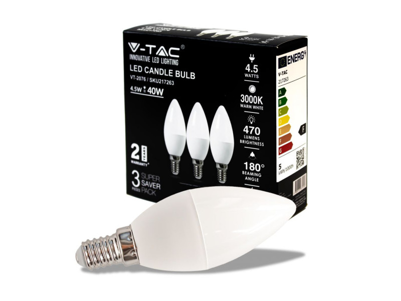 SKU 217263 VT-2076 V-TAC Lampadina LED E14 4,5W Candela 3000K (Box 3 Pezzi)