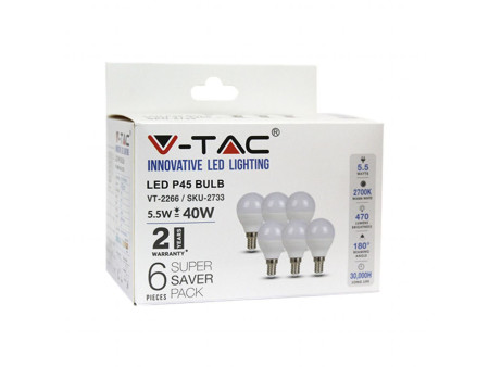 SKU 2735 VT-2266 V-TAC Lampadina LED E14 5,5W P45 6400K (Box 6 pezzi)