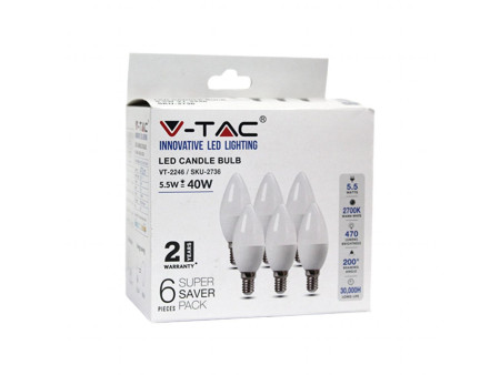 SKU 2737 VT-2246 V-TAC Lampadina LED E14 5,5W a Candela 4000K (Box 6 pezzi)