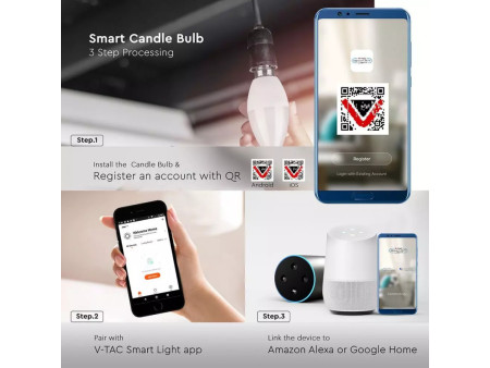SKU 2754 VT-5114 V-TAC Lampadina LED E14 4,5W Candela Google Home Alexa con App V-Tac Smart Light RGB+2700K-6500K Dimmerabile