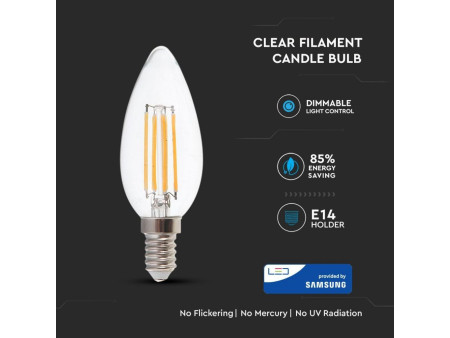 SKU 278 VT-254D V-TAC PRO Lampadina LED Chip Samsung E14 4W Candela Filamento 2700K Dimmerabile