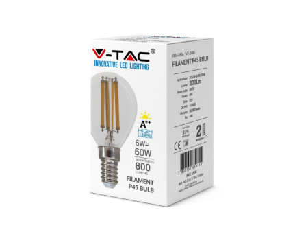 SKU 2855 VT-2486 V-TAC Lampadina LED E14 6W 130LM/W Filamento P45 4000K