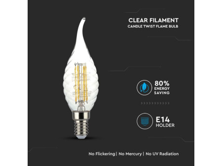 SKU 4308 VT-1995 V-TAC Lampadina LED E14 4W 100LM/W Candela a Fiamma Tortiglione Filamento 2700K