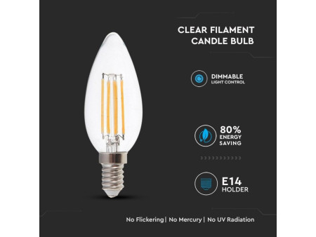 SKU 4365 VT-1986D V-TAC Lampadina LED E14 4W Candela Filamento 2700K Dimmerabile