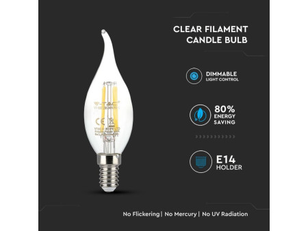 SKU 4366 VT-1997D V-TAC Lampadina LED E14 4W 100LM/W Candela a Fiamma Filamento 2700K Dimmerabile