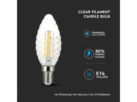SKU 4367 VT-1985D V-TAC Lampadina LED E14 4W Candela Tortiglione Filamento 2700K Dimmerabile