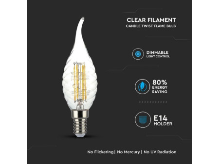 SKU 4388 VT-1995D V-TAC Lampadina LED E14 4W Candela Tortiglione 2700K Dimmerabile