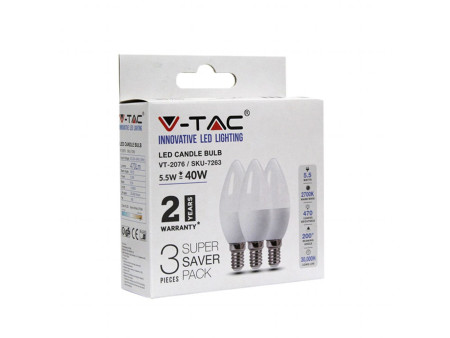 SKU 7264 VT-2076 V-TAC Lampadina LED E14 5,5W Candela 4500K (Box 3 Pezzi)