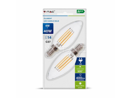 SKU 7282 VT-2104 V-TAC Lampadina LED E14 4W 100LM/W Candela Filamento 2700K (Blister 2 pezzi)