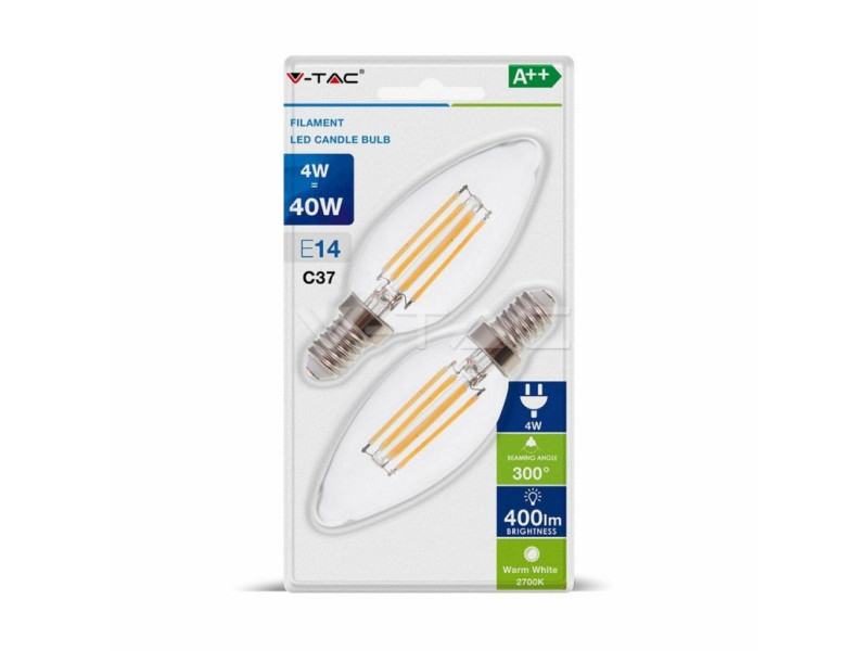 SKU 7282 VT-2104 V-TAC Lampadina LED E14 4W 100LM/W Candela Filamento 2700K (Blister 2 pezzi)