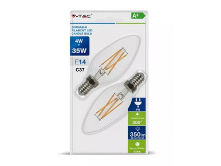 SKU 7284 VT-2114 V-TAC Lampadina LED E14 4W Candela Tortiglione Filamento 2700K Dimmerabile (Blister 2 Pezzi)