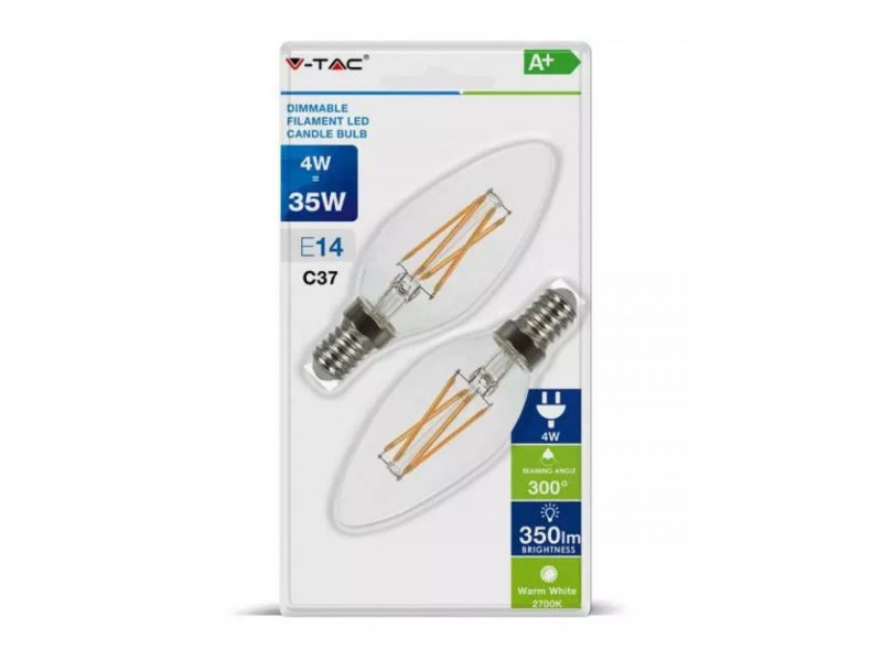 SKU 7284 VT-2114 V-TAC Lampadina LED E14 4W Candela Tortiglione Filamento 2700K Dimmerabile (Blister 2 Pezzi)