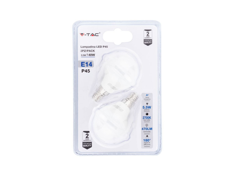 SKU 7355 VT-2146-B V-TAC Lampadina LED E14 5,5W P45 2700K (Blister 2 Pezzi)