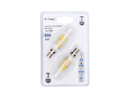 SKU 7365 VT-2174-B V-TAC Lampadina LED E14 4W 100LM/W Candela Filamento 2700K (Blister 2 pezzi)