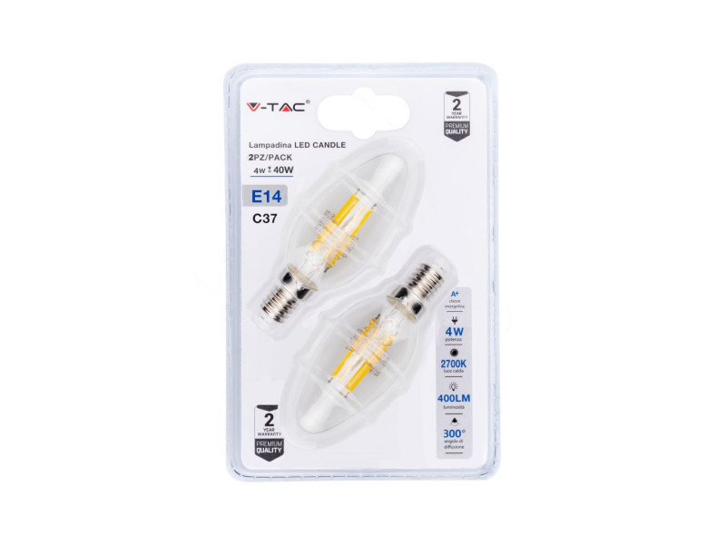 SKU 7365 VT-2174-B V-TAC Lampadina LED E14 4W 100LM/W Candela Filamento 2700K (Blister 2 pezzi)