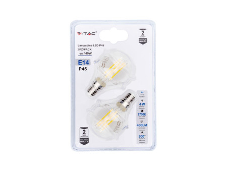 SKU 7366 VT-2184 V-TAC Lampadina LED E14 4W 100LM/W P45 Filamento 2700K (Blister 2 Pezzi)
