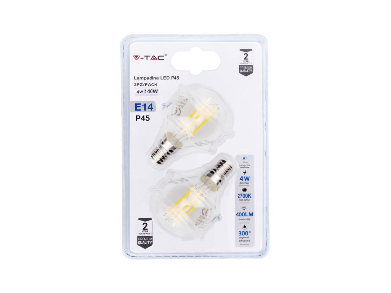 SKU 7366 VT-2184 V-TAC Lampadina LED E14 4W 100LM/W P45 Filamento 2700K (Blister 2 Pezzi)