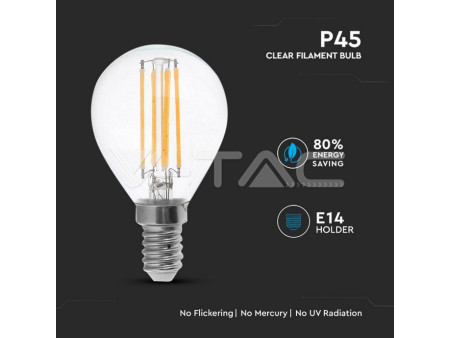 SKU 7366 VT-2184 V-TAC Lampadina LED E14 4W 100LM/W P45 Filamento 2700K (Blister 2 Pezzi)